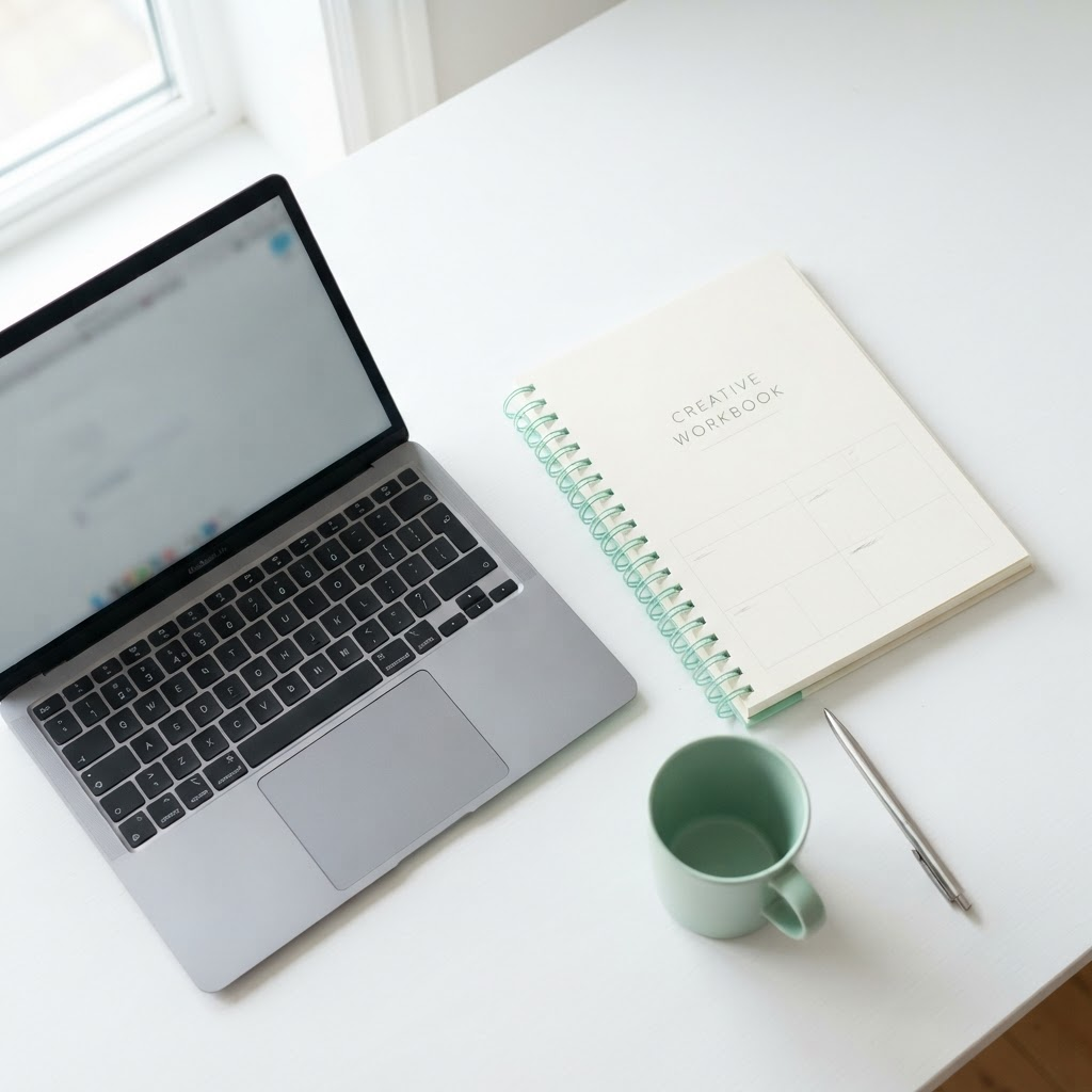 A laptop and printed workbook on a bright desk
